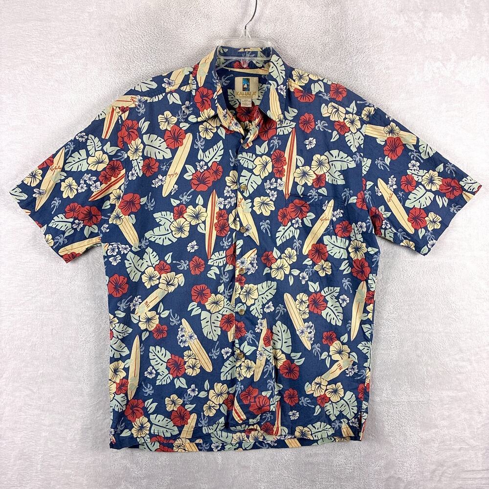 VTG Kahala Shirt Men L Multicolor Surfboard Hibiscus AOP Hawaiian Tiki Aloha USA